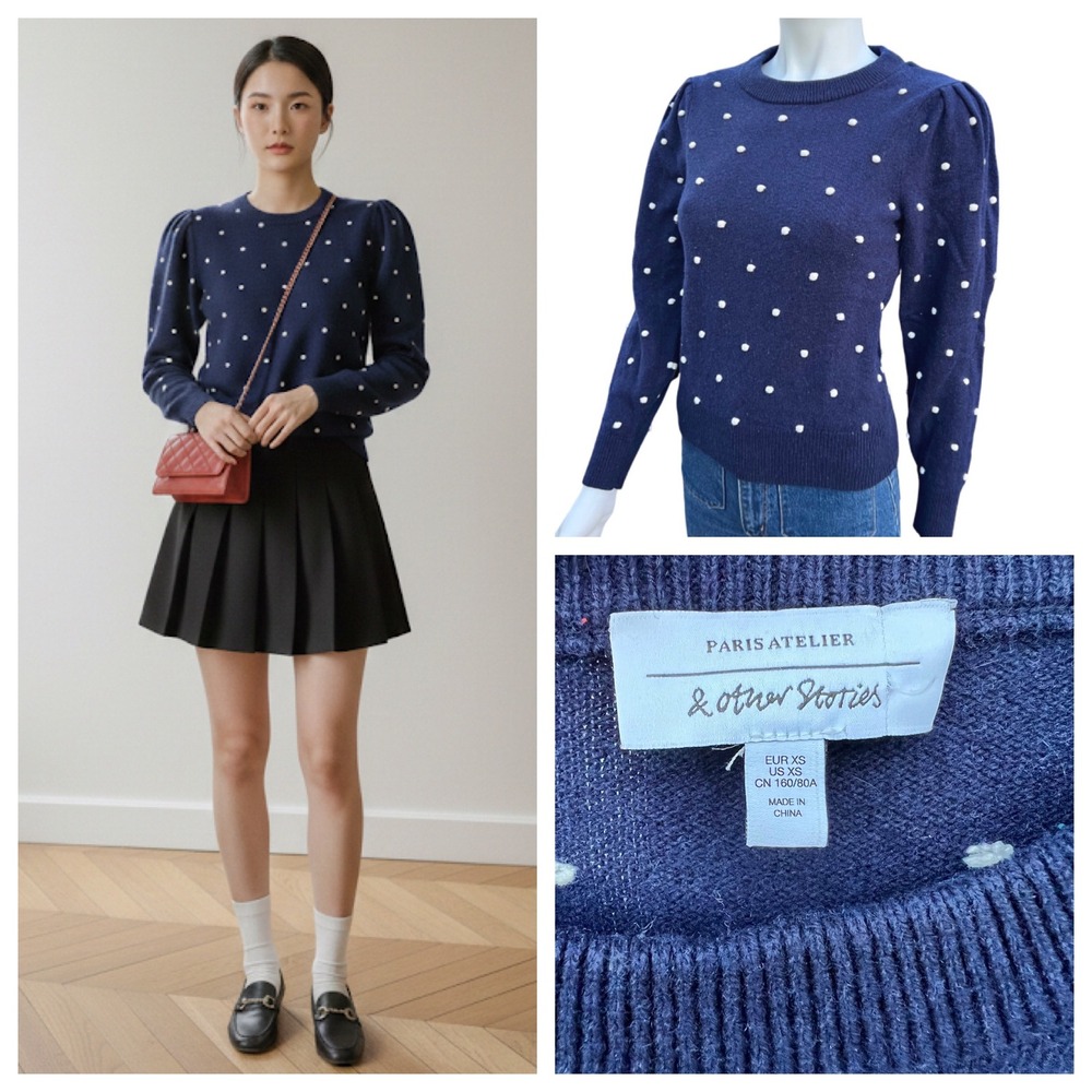 & Other Stories Paris Chic Polka Dot Sweater Preppy Puff Sleeve Wool Navy XS